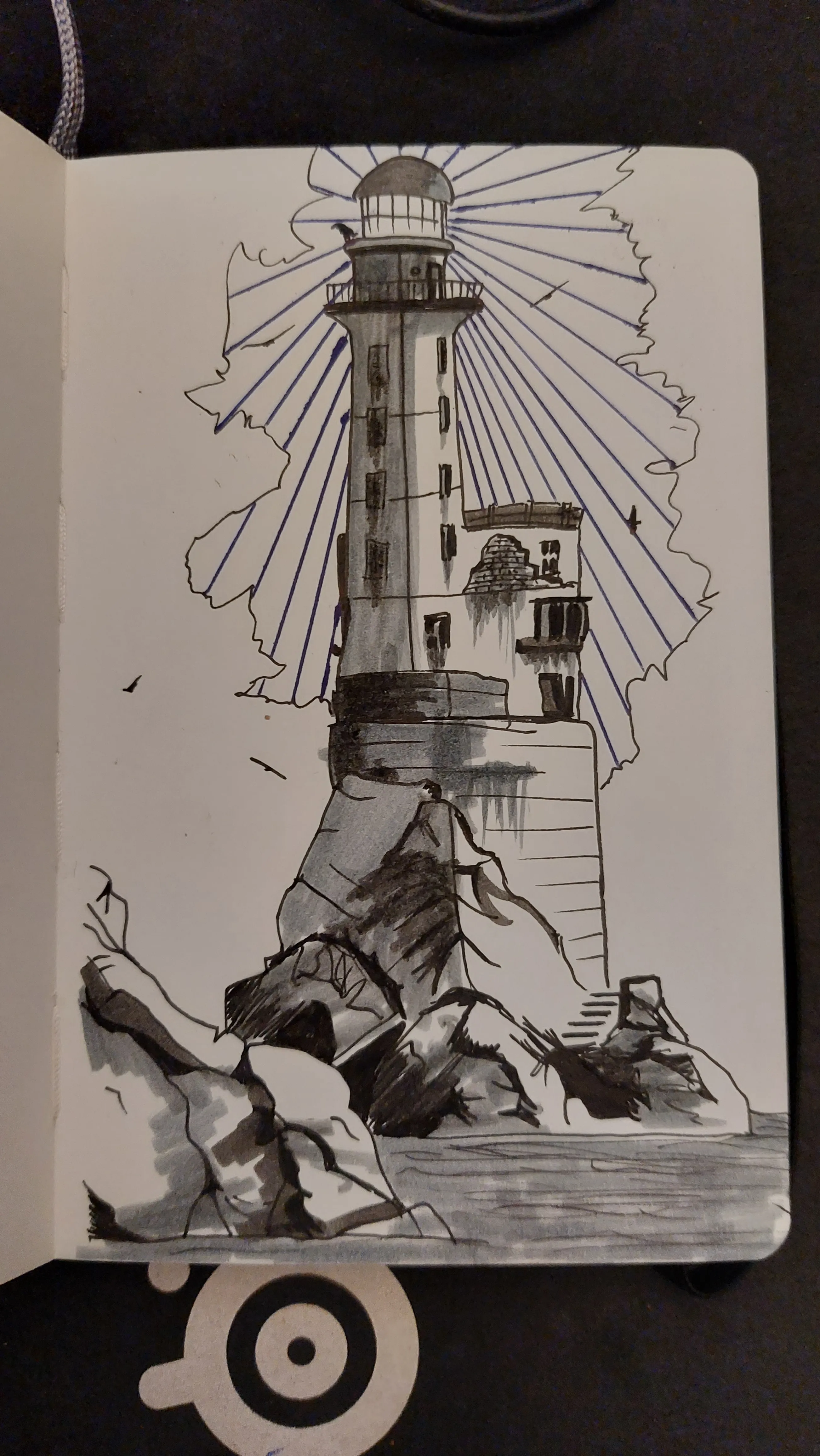 A decaying lighthouse. Some of the rendering has falled off to reveal the brickwork underneath. Birds a circling to tower. There is a gap in the clouds directly behind the light and lines eminate from the light outwards in all directions but stop where they hit the clouds. Again, it's a line drawing with some fairly ropey shading.