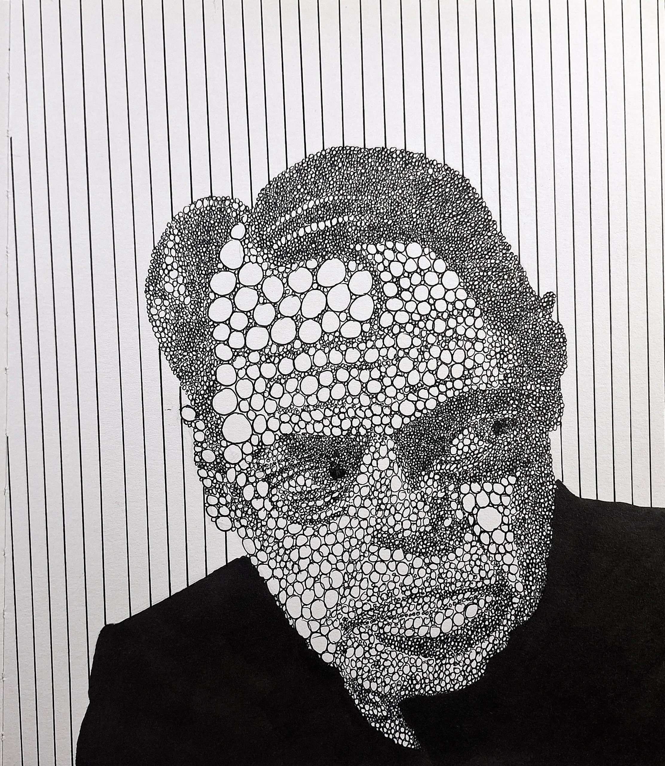 A drawing of Steve Buscemi made entirely of circles of different sizes. The background is thin vertical lines