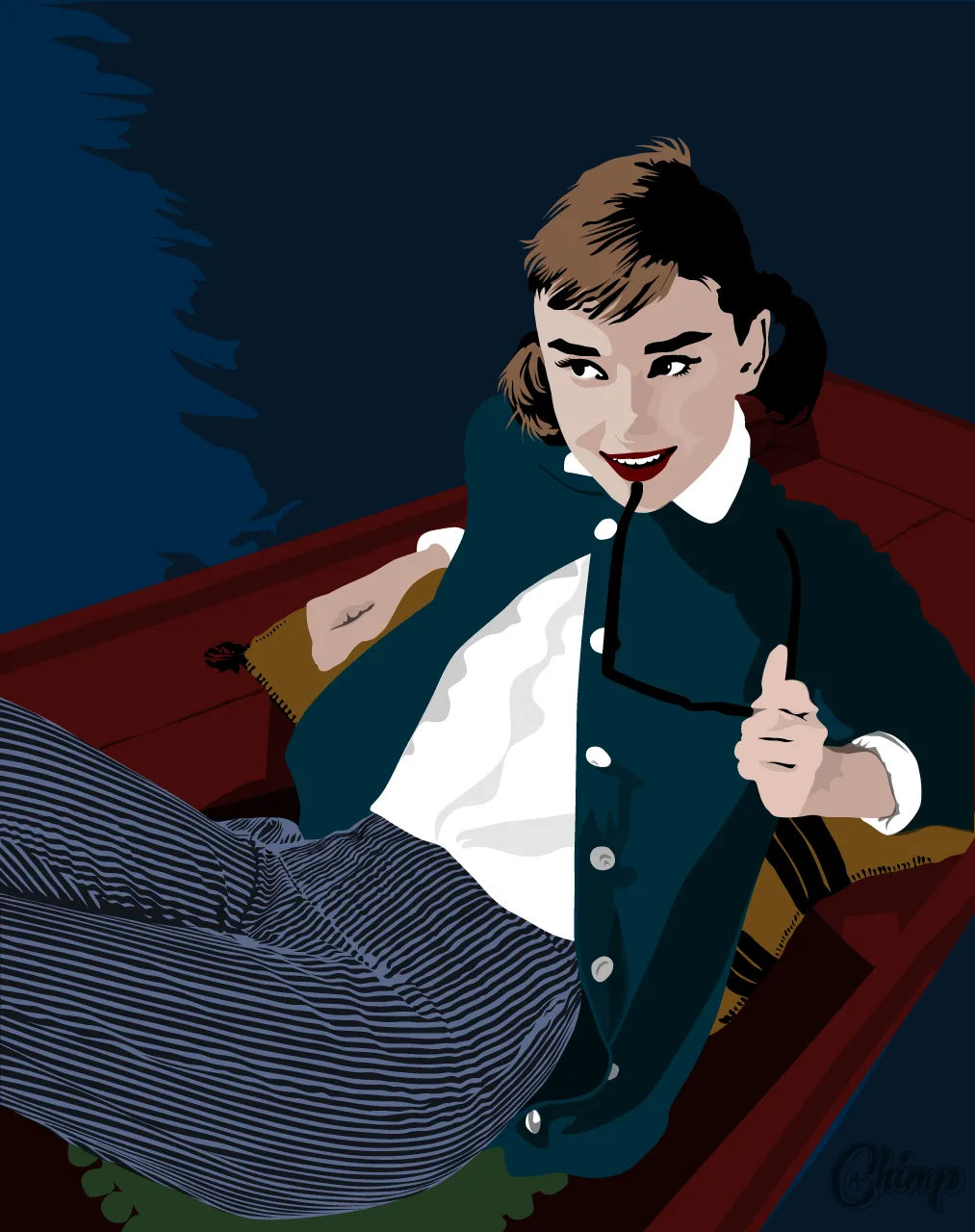An image of Audrey Hepburn sitting in a small boat. She's leaning back and holding a pair of glasses in one hand. It's rendered in flat solid colours.