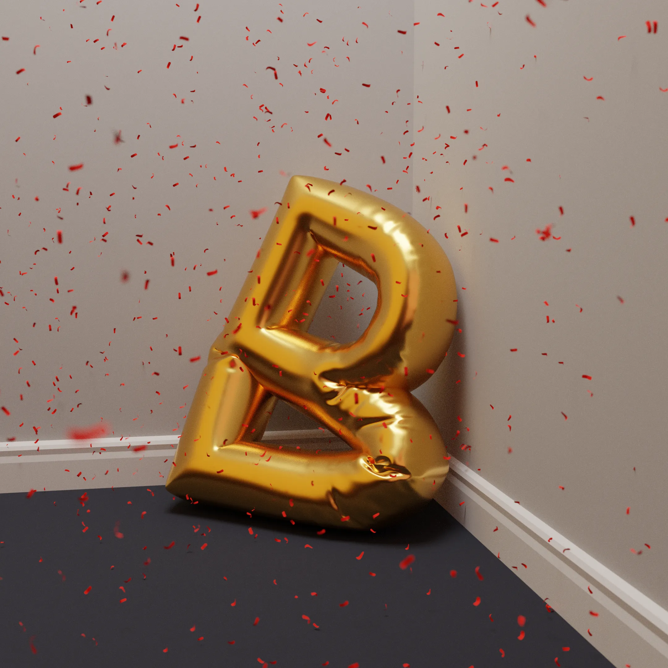 A 3D CGI render of a balloon in the shape of the letter B. It's slightly deflated and sitting in the corner of a room. Red conffetti is falling around.