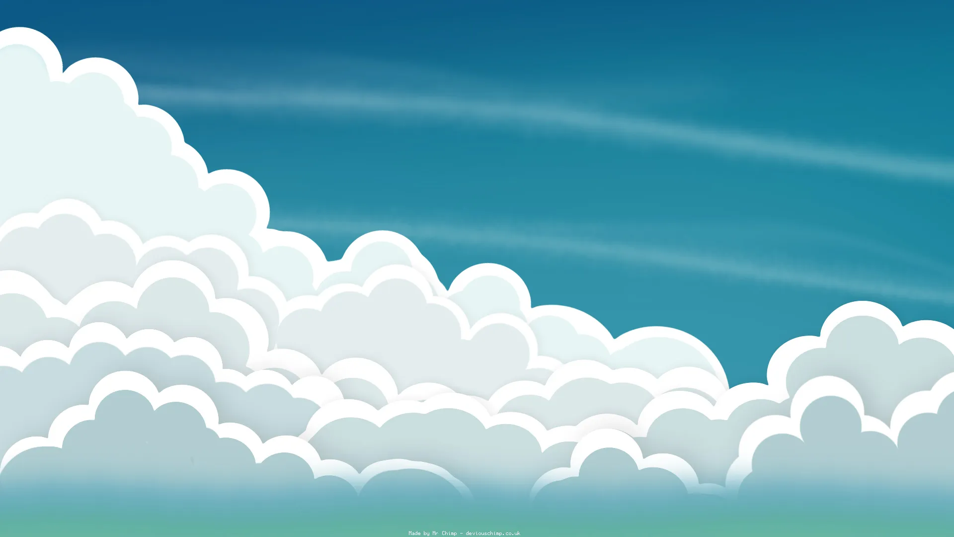 A drawing of clouds against a blue sky. The clouds are drawn with light blue circles layered over white circles.