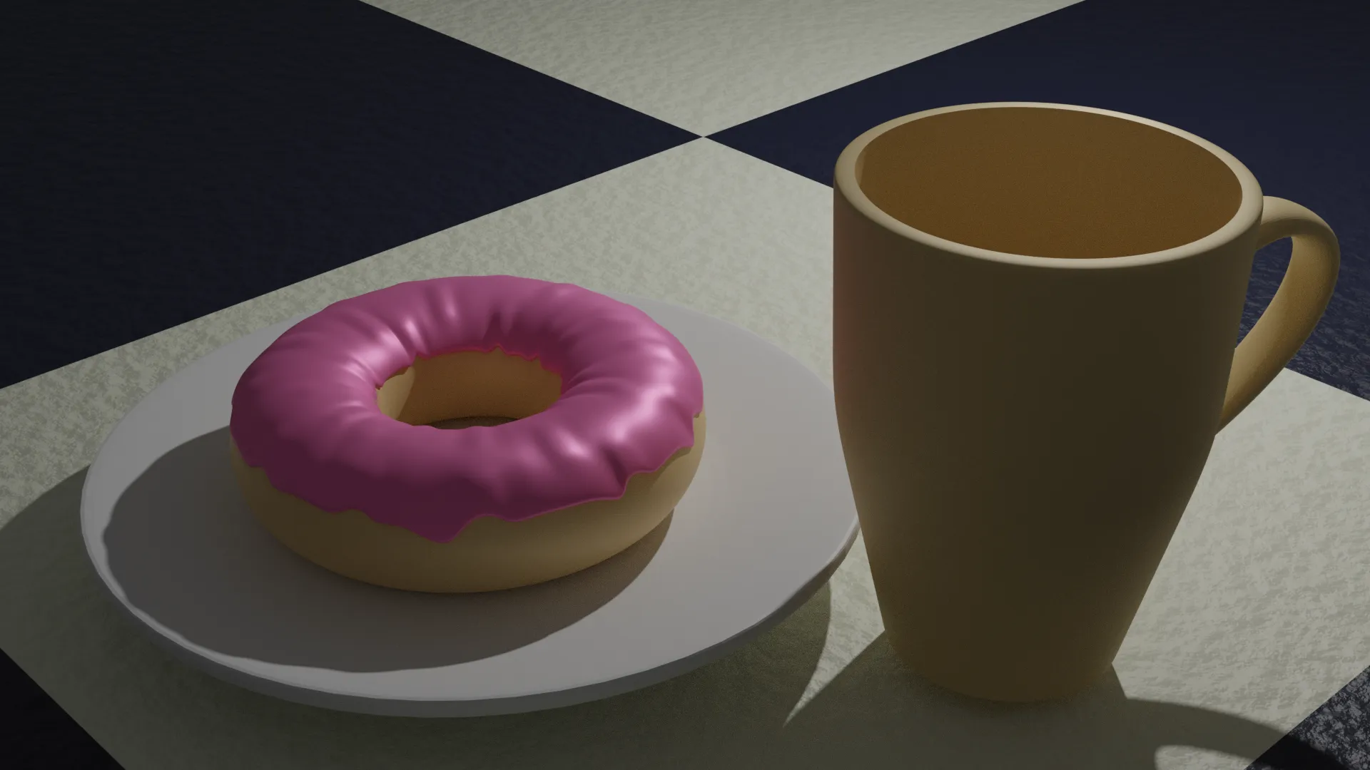 A simple CGI donut and an empty mug. The donut has the pink glaze but no sprinkles. The table is a rough checkerboard pattern. Looks like something out of Toy Story 1. You've got to start somewhere.
