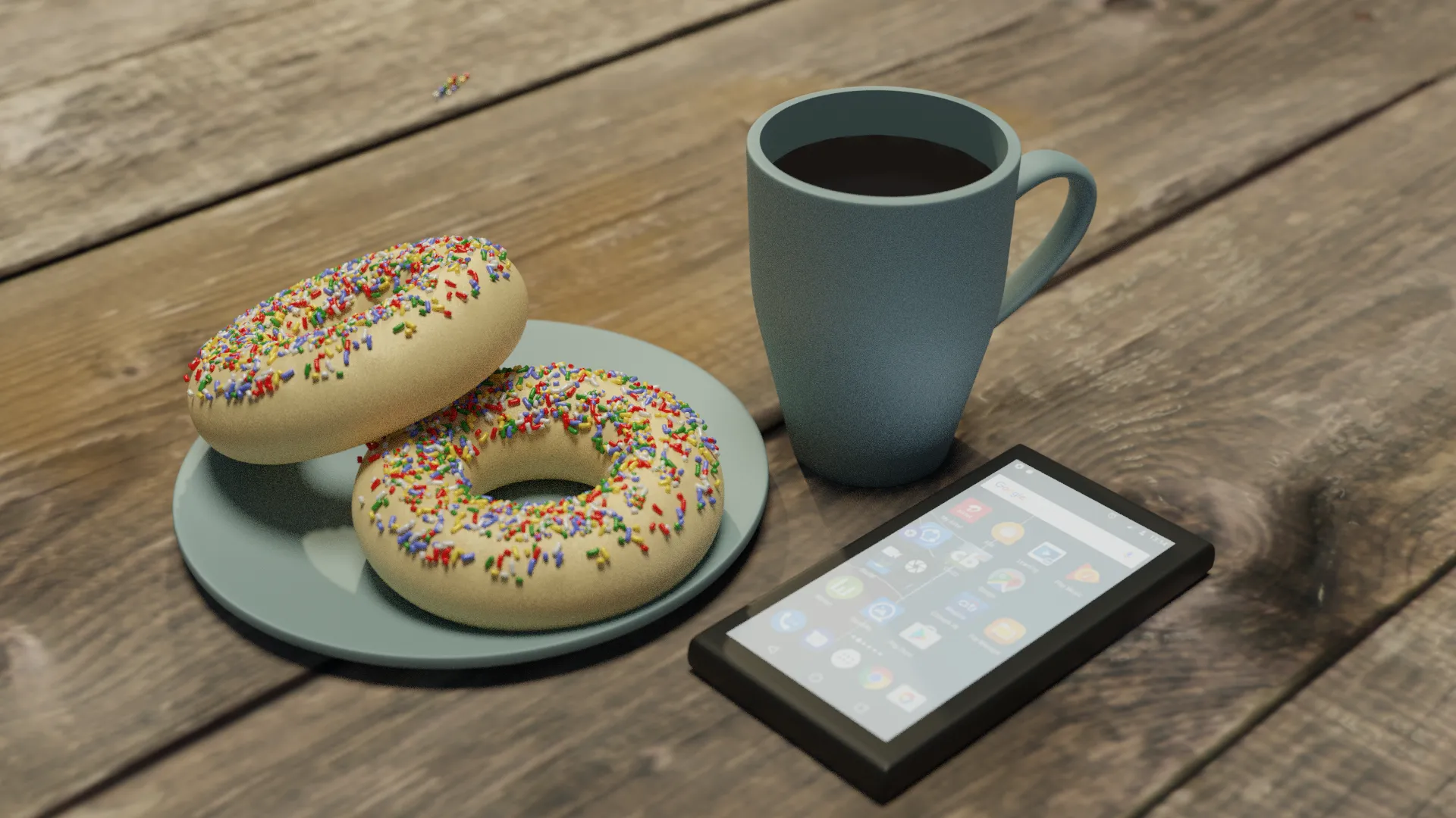 The donut now has sprinkles but the glaze has disappeared. Some of the sprinklesare floating in the air above the donut. A mobile phone has appeared, though its screen is washed out and hard to see. The mystery liquid in the mug has turned to coffee. The table is now a more naturalistic, rustic wood.