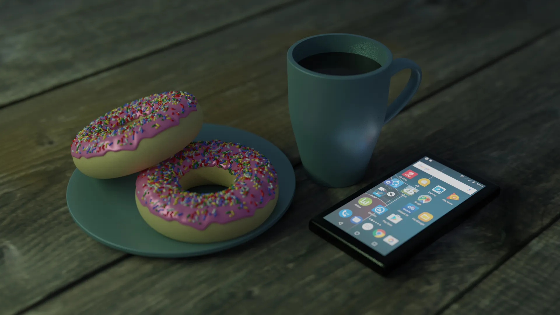 The lighting has changed again. Now there's a greenish glow, as if we're eating donuts at a late night diner.