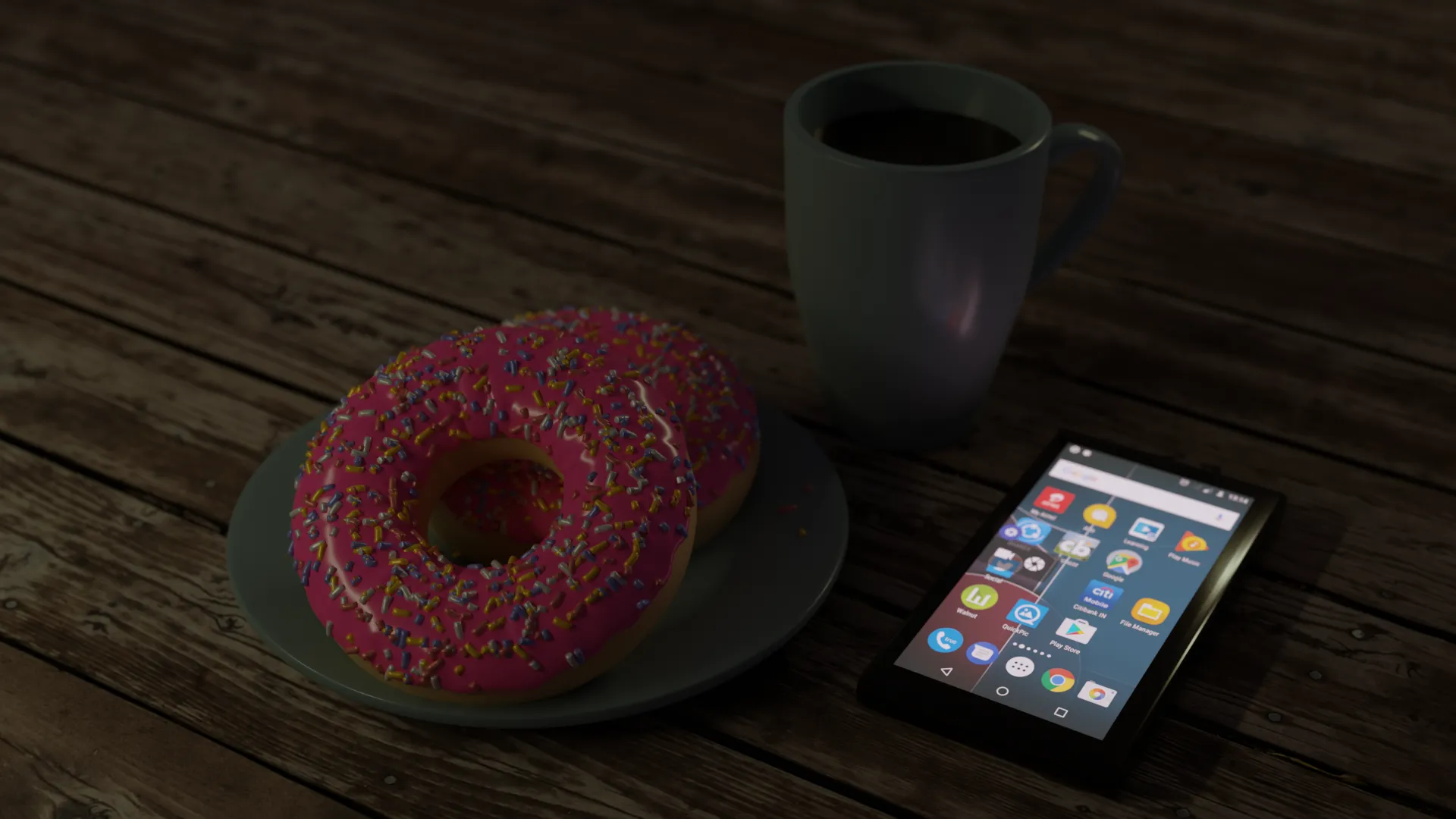 A realistic CGI image of a two donuts with pink glaze and sprinkles on a plate on a wooden table. Behind the plate is a mug of coffee. To the right is a mobile phone, face up with its screen on. The lighting is dark and you can see the screen lighting up the side of the mug.