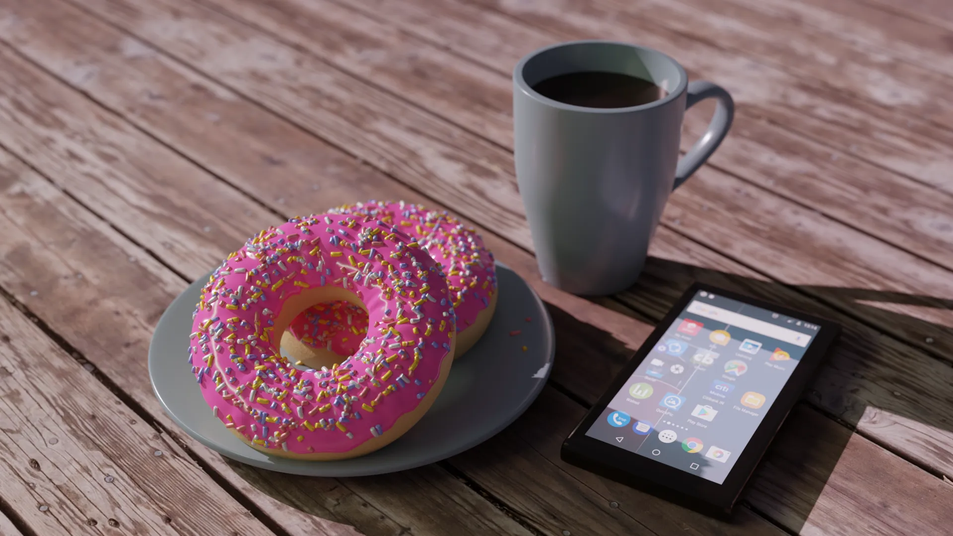 It's mid-morning. The sun is bright. The table hsa rotated 90 degrees for some reason.