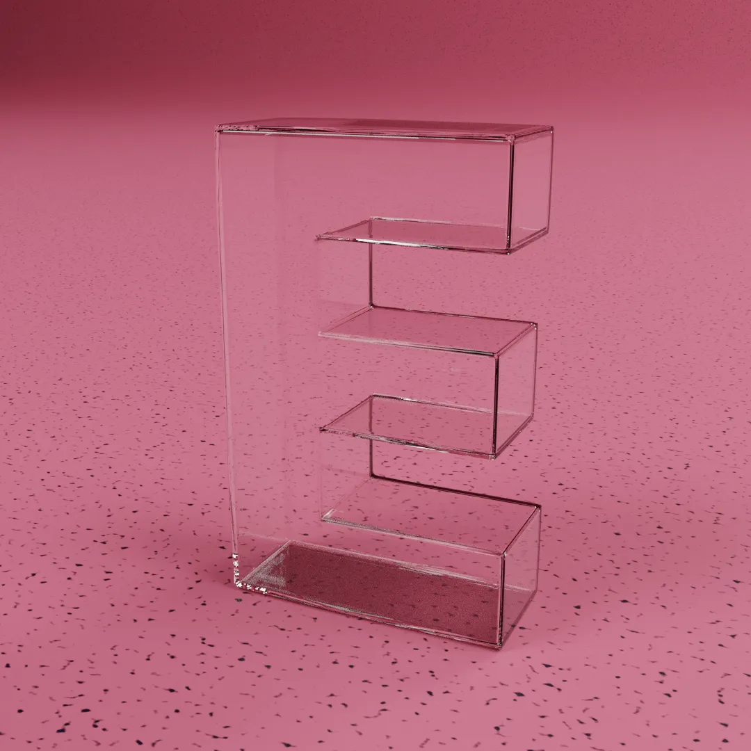 A 3D CGI render of the letter E made of hollow glass