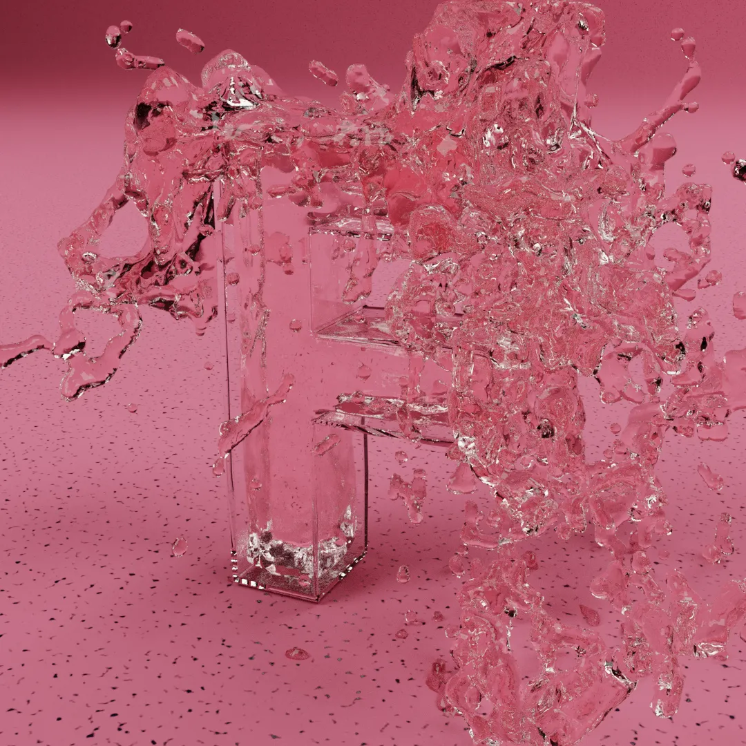 A 3D CGI render of the letter F made of hollow glass and overflowing with liquid