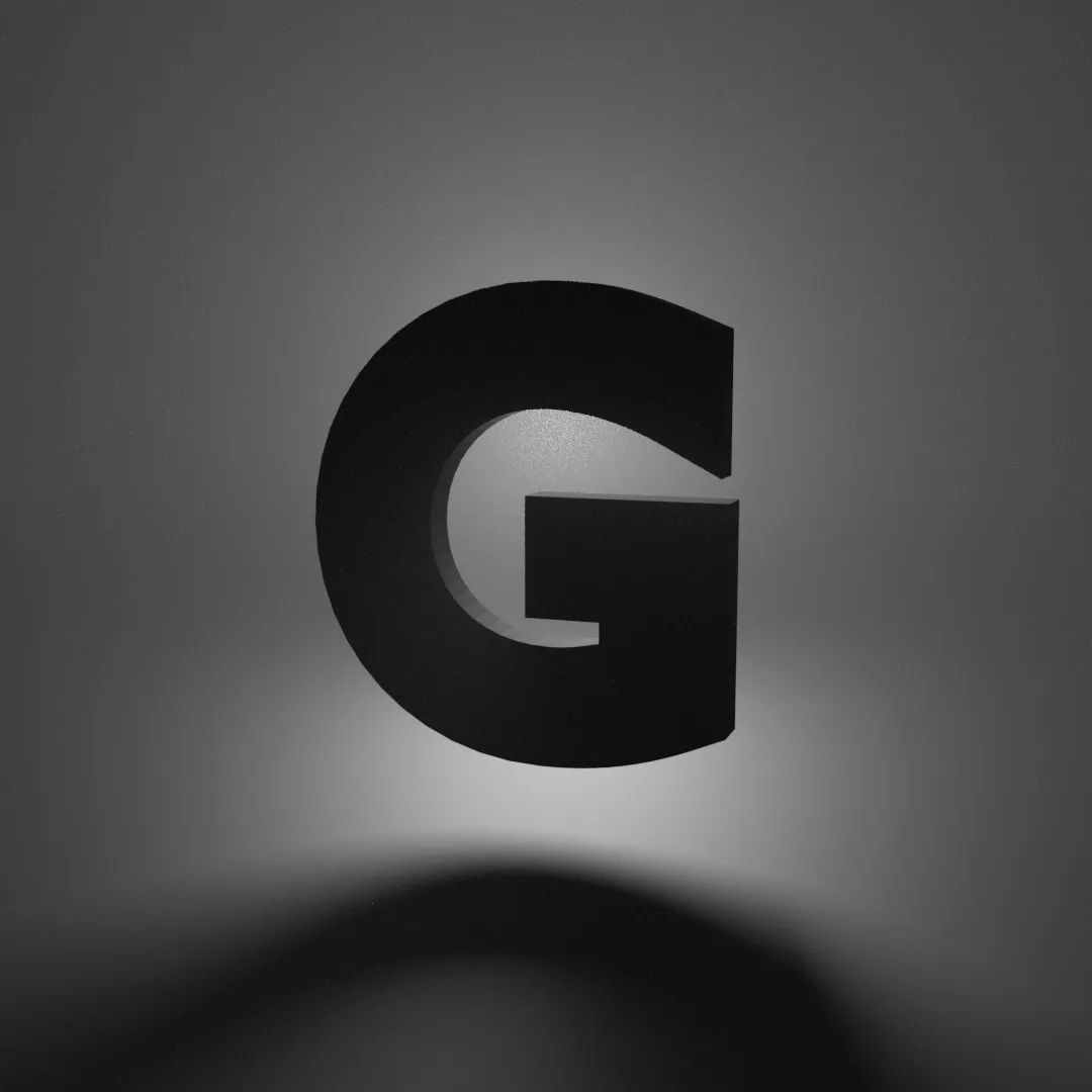 A G floats in mist, backlit by a bright light. The letter is a solid sans-serif shape.