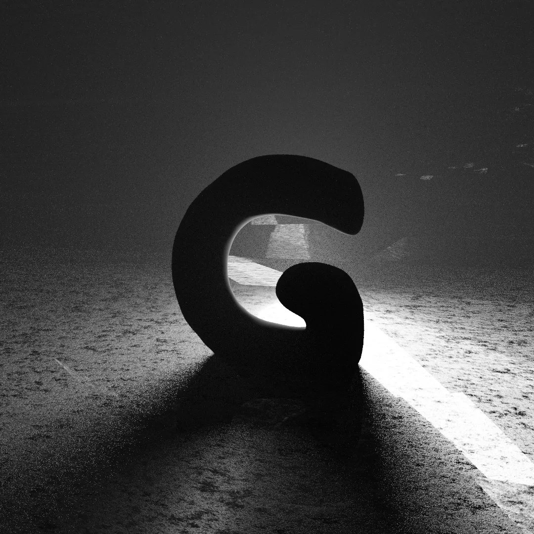 A 3D CGI render of the letter G. It is shown in silhouette in black and white. The letter is lumpy, as if shaped out of clay. There is a bright light from somewhere behind the letter that is causing some kind of reflection or lens flare. The floor is rough and there is a mist in the air.