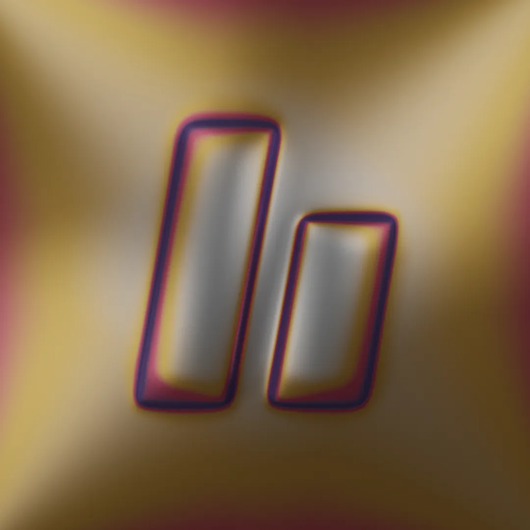 A 3D CGI render of the letter H made from a material with a multi-colour sheen that looks similar to heat-treated metal