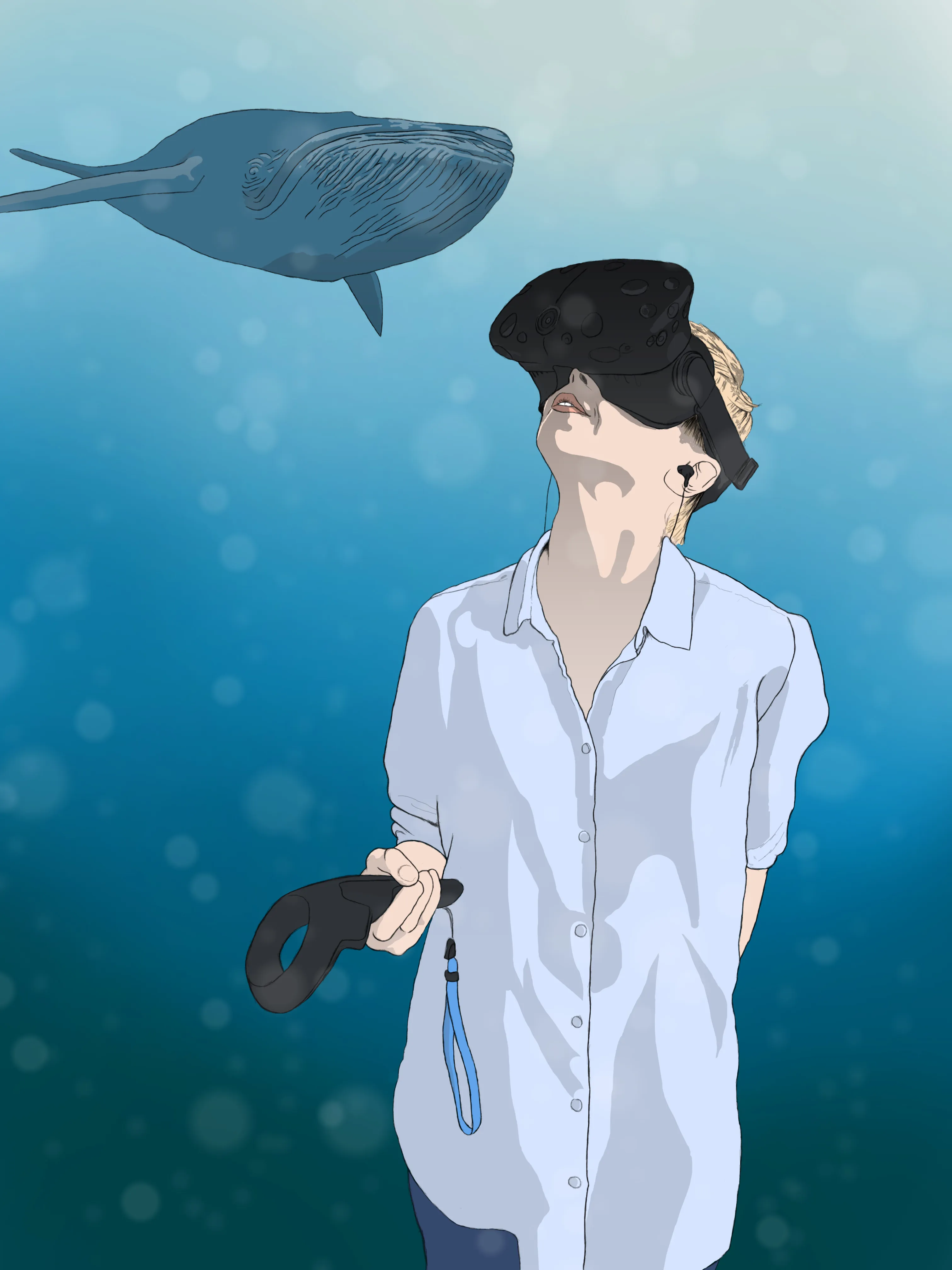A drawing of a woman wearing a VR headset and looking up in wonder. The background is blue and there is a whale.