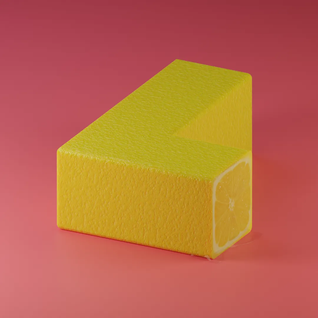 A 3D CGI render of the letter L. The outside of the letter is like the skin of a lemon. One end looks like it's been cut off to reveal the inside of a square lemon.