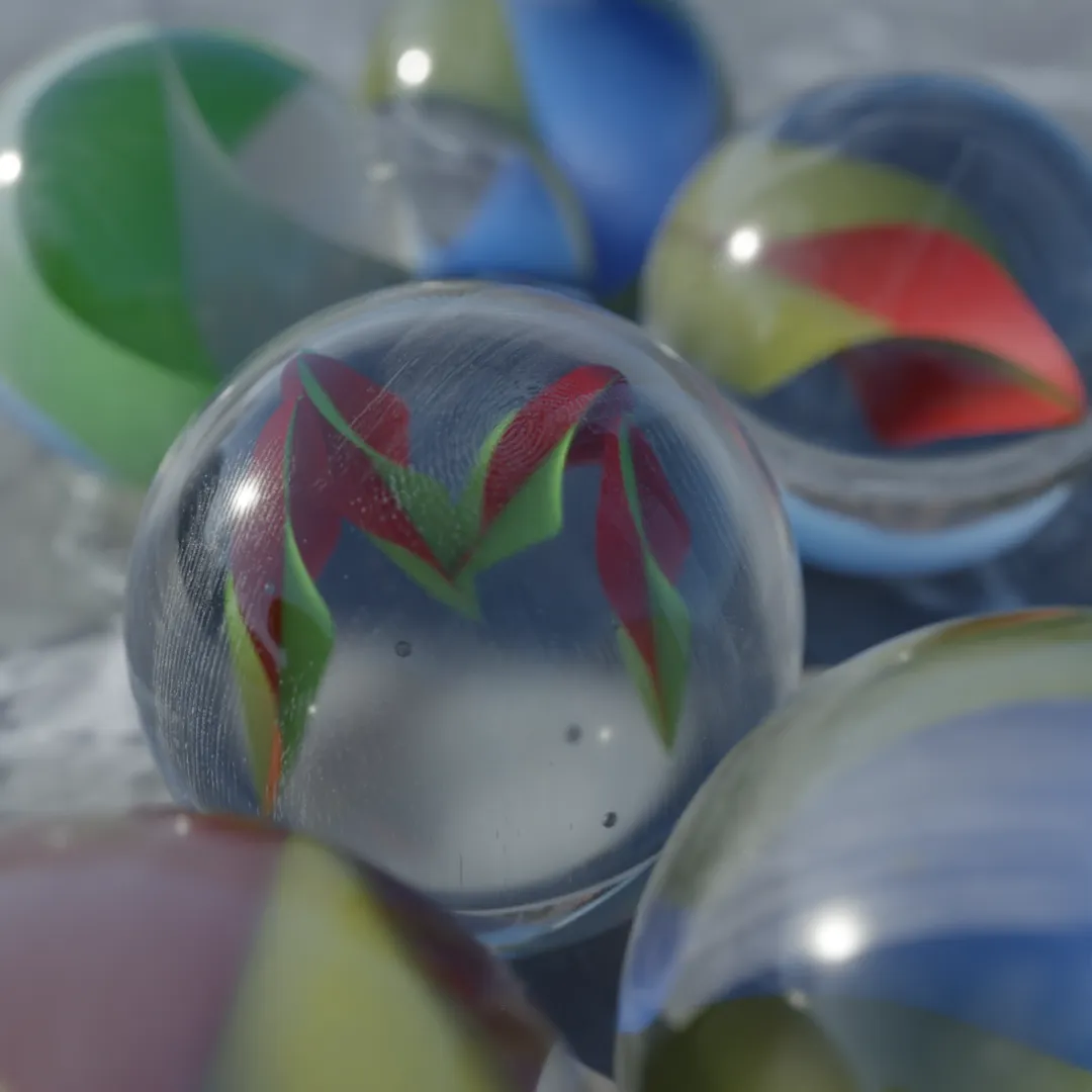 A 3D CGI render of an extreme closeup of some marbles. So close you can see fingerprints. The colourful twisty bits inside are in the shape of an M.
