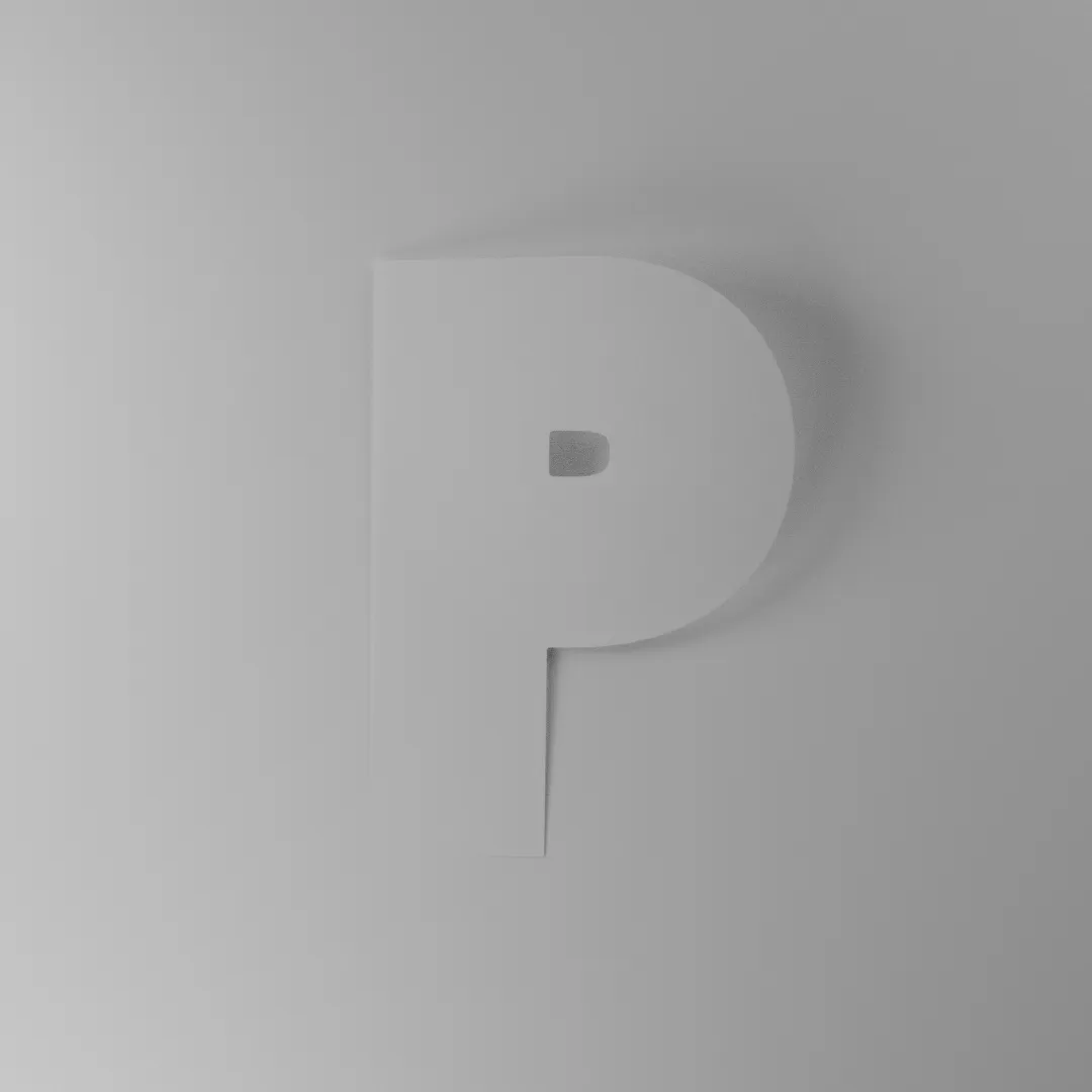 A top down image a flat white surface. A letter P made of paper rest on the surface. It curls slightly, the top visible only by the shadow it casts with the bottom left merging with the paper below