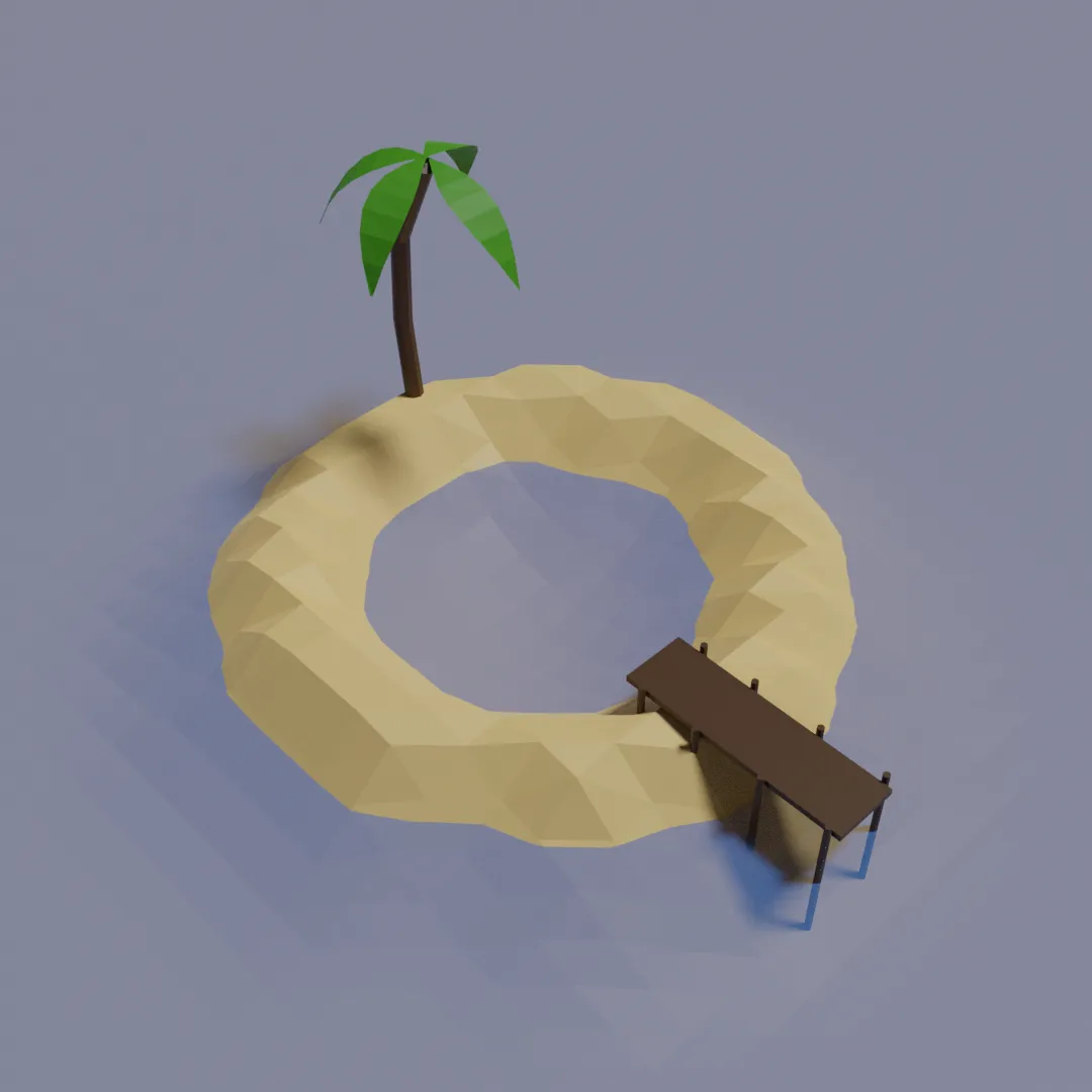 A 3D CGI render of a low-polygon ring of sand with a small quay in the bottom right turing the whole thing into the letter Q.
