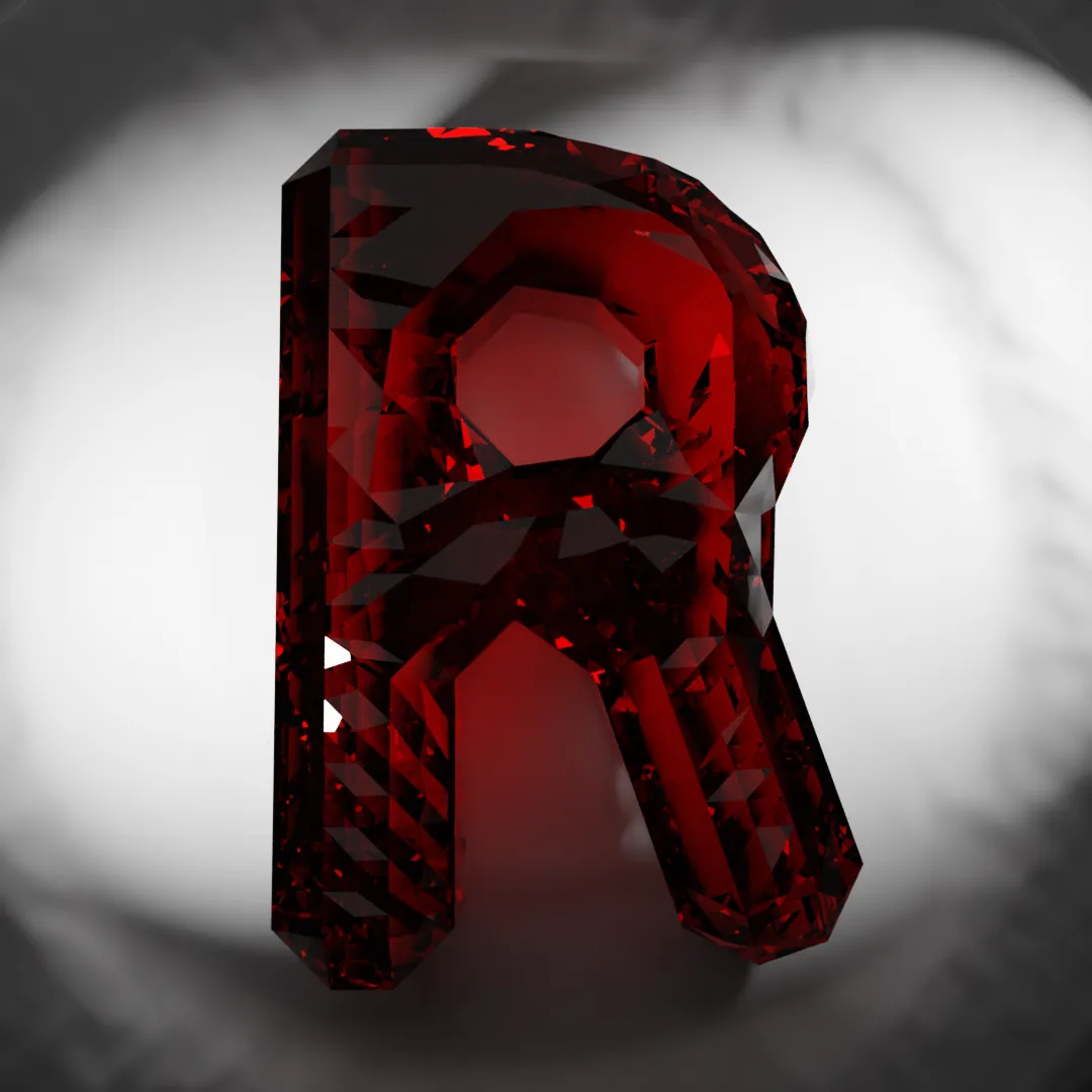 A 3D CGI render of the letter R made of ruby