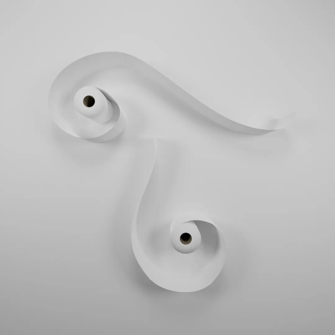 A CGI render of two roles of toilet paper resting on a white surface. The rolls are unravelling making the shape of a calligraphy T.