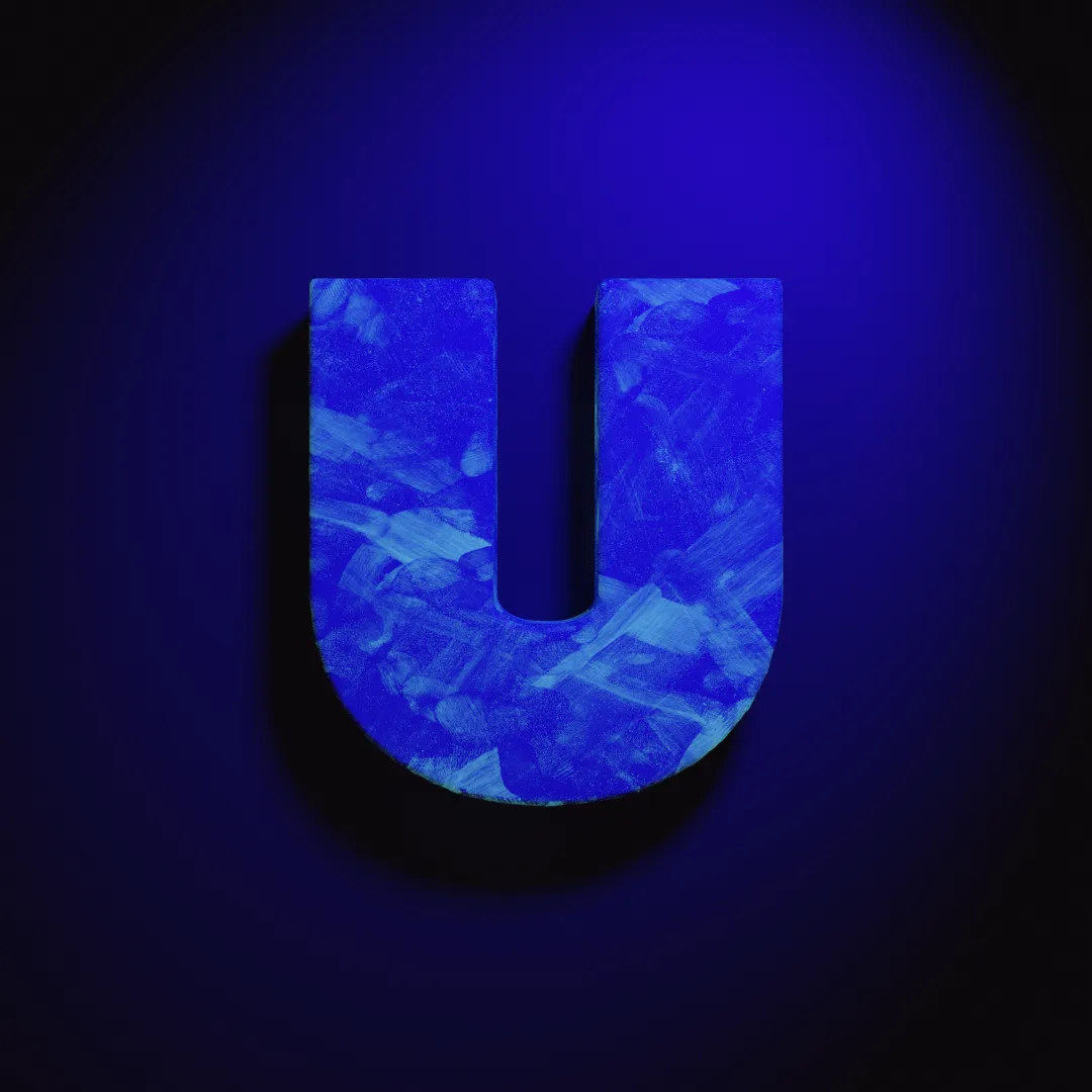 A 3D render of the letter U. It lit from above by what appears to be a UV bulb which casts the scene in a blue light and shows fingerprints on the letter.