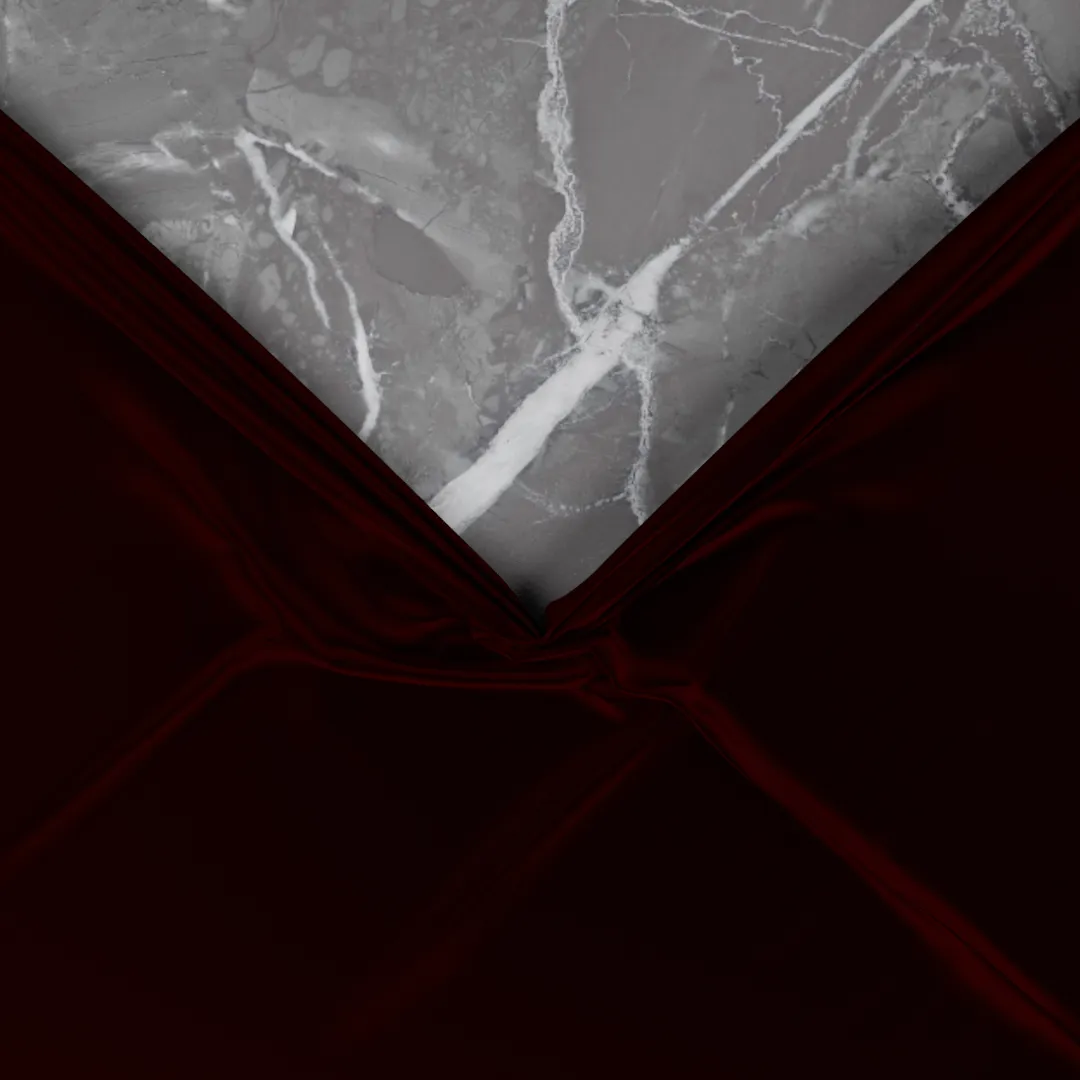 A 3D render of the letter V formed by velvet being pulled down revealing marbel behind. Velvet and marble. Super classy like.