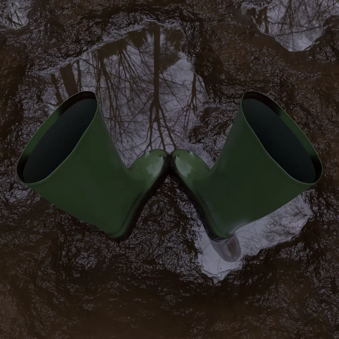 A realistic CGI render of a pair of empty wellington boots in wet mud. The framing is looking down as if you were about to put them on. The toes are angled towards each other so that the two boots together kind of form the letter W. There is a puddle in the mud reflecting some bare wintery trees.