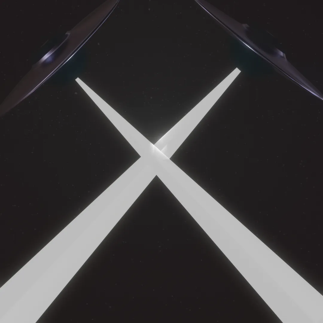 Two classic flying saucer UFOs against black backdrop. Each is emitting a bright white beam which cross to form an X