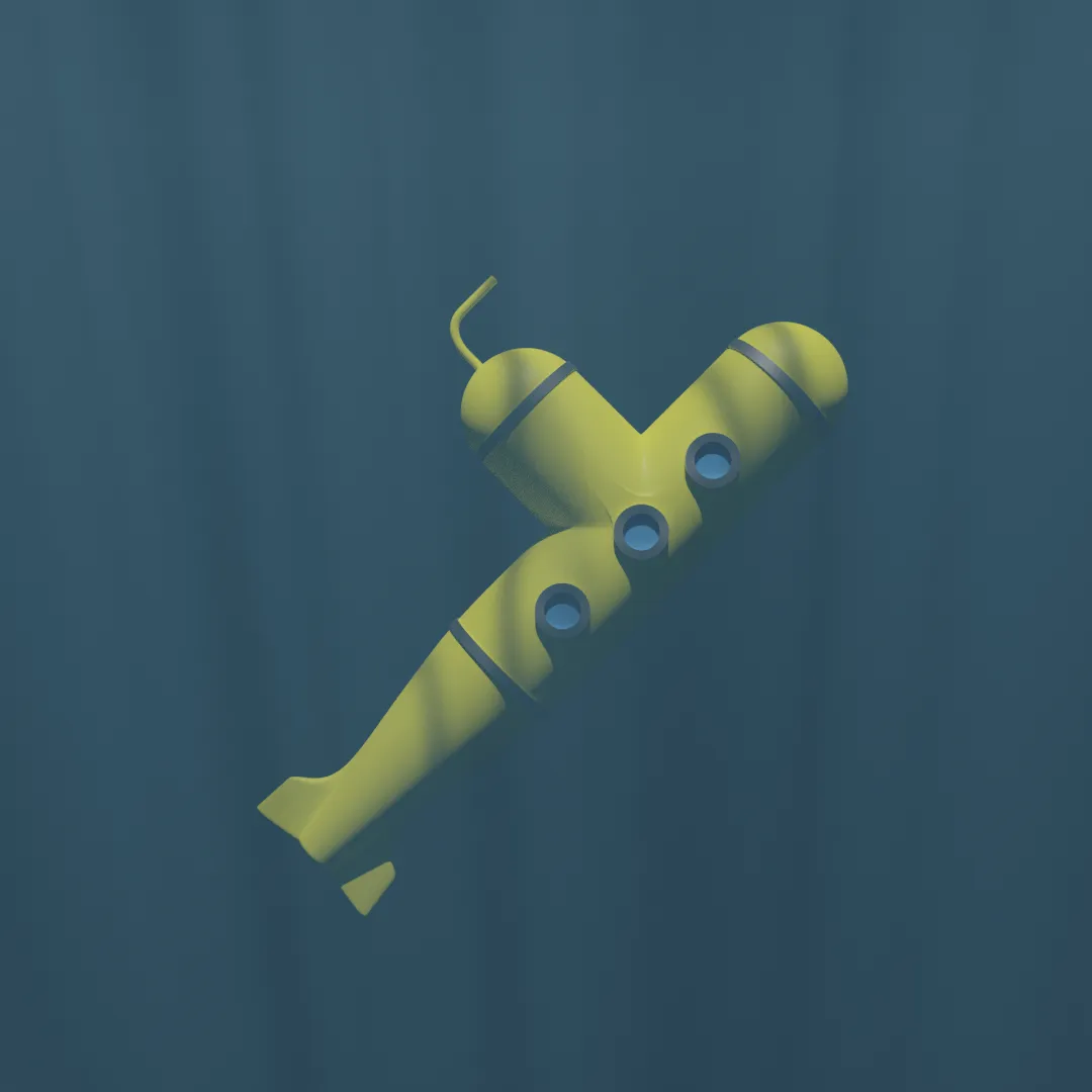 A 3D render of a simple toy-like submarine shown underwater. It is facing up and to the right and the tower-like thing on top gives it the shape of a Y.