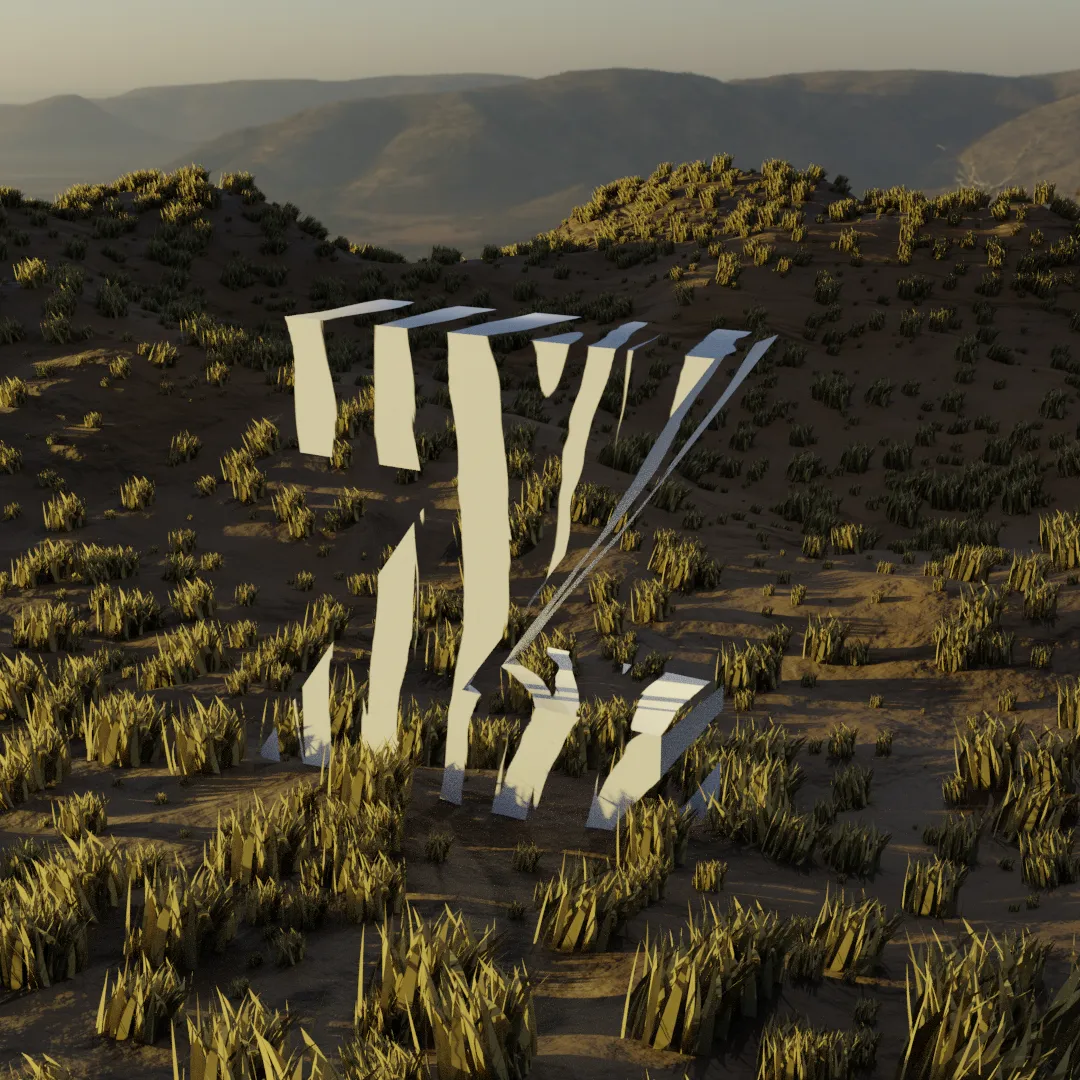 A 3d render of the letter Z. The letter is 3d but hollow. Its surface is covered with zebra stripes but only the white is visible, where there would be black, it is entirely transparent. The letter is stood on a dusty plain with small clumps of grass.