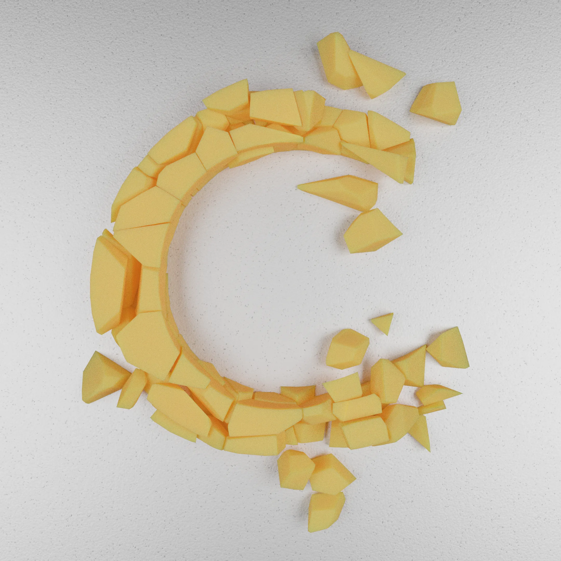 A 3D CGI render of the letter C that's crumbling like cheddar cheese.
