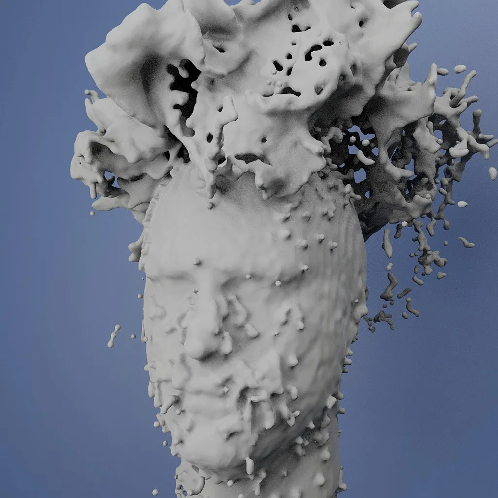 A 3D CGI render of a roughly head-shaped liquid splash, rendered in a rough, solid off-white material
