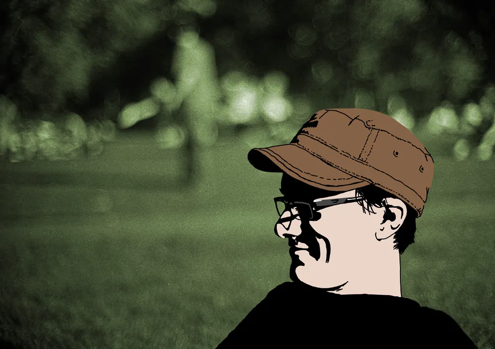 An image of a guy in solid black and flat colours