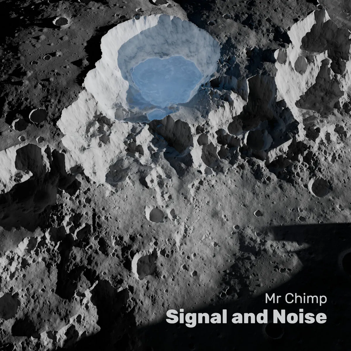 An image of the moon's surface. One crater near the top of the image contains light blue liquid and seems to be glowing slightly. Text over the image reads: "Mr Chimp. Signal and Noise"